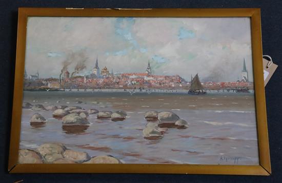 Andrei Afanasievich Egorov (Russian 1878-1954) A View of Tallinn, formerly Reval, Capital of Estonia on the Baltic Sea 12.75 x 19.5in.
